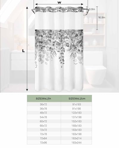 No Hook Shower Curtain and Snap in Liner Set, Gray Eucalyptus Fabric Bathroom Stall Shower Curtains 54x78, See Through Mesh Top Window, Spring Summer Botanical Floral Leaves Country Hotel Style - color: Grey, size: 54"W x 78"L (Pack of 1)
