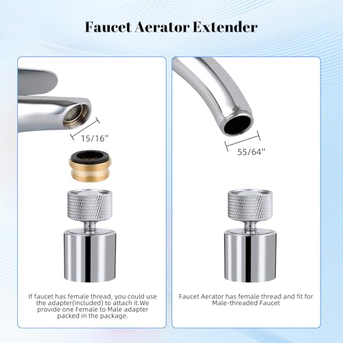 Hibbent Dual-function Metal Faucet Aerator, 2-Flow Big Angle Rotate Kitchen Sink Aerator 360 Degree Swivel Sink Sprayer Attachment, 55/64 Inch Female Thread, Chrome - color: Silver, style: Upgraded Aerator with 1 Swivel Joints