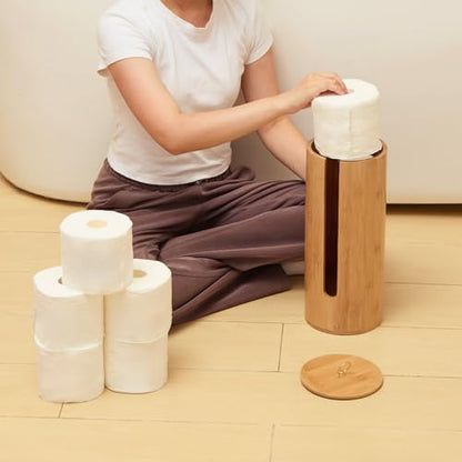 Gobam Bamboo Toilet Paper Storage with Dual-Use Lid, Freestanding Bathroom Tissue Organizer with Viewing Slot, Built-In Handle, Anti-Slip Base, Compact Toilet Paper Holder Stand for up to 3 Mega Rolls - size: 3 Roll - Round