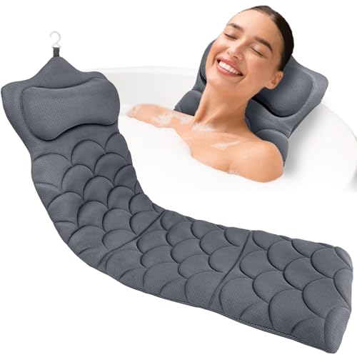 REEZEIVI Full Body Bath Pillow,3D Mesh Fabric,Head Neck Back Support,Gray | Thick Bathtub Cushion,with Laundry Bag,easy to clean and quick to air dry,13 Non-Slip Suction Cups