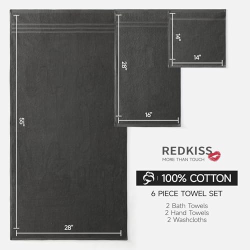 REDKISS Dark Gray Towels Set 6 Piece Cotton Towel Sets with 2 Bath Towels, 2 Hand, 2 Washcloths, 650GSM Hotel Quality, Soft, Highly Absorbent Towels for Bathroom Gym, Ideal Everyday Use - color: Dark Gray