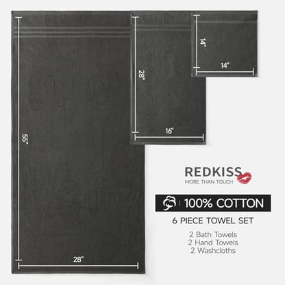 REDKISS Dark Gray Towels Set 6 Piece Cotton Towel Sets with 2 Bath Towels, 2 Hand, 2 Washcloths, 650GSM Hotel Quality, Soft, Highly Absorbent Towels for Bathroom Gym, Ideal Everyday Use - color: Dark Gray