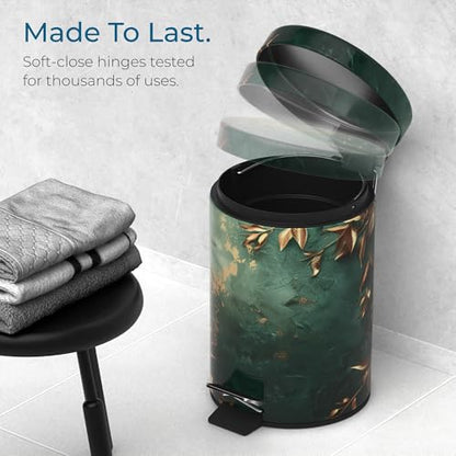 Sanilo Small Bathroom Trash Can with Lid [1.3 Gallon] - Lidded Tiny Trashcan for Garbage - Mini Metal Bin with Soft Closing Mechanism - Bath Room Accessoire Wastebin with Inner Bucket (Greego) - color: Greego