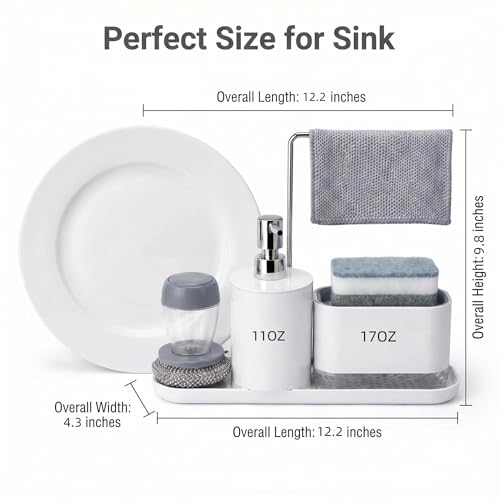 4-Piece Kitchen Sink Caddy with Soap Dispenser – Sponge Holder & Scrubber Brush, Removable Drain Tray, Dishcloth Bar, All-in-One Countertop Organizer for Kitchen & Bathroom – White
