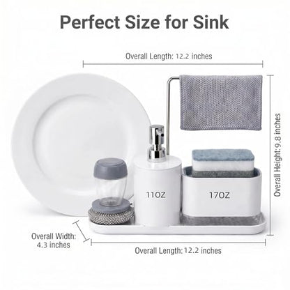 4-Piece Kitchen Sink Caddy with Soap Dispenser – Sponge Holder & Scrubber Brush, Removable Drain Tray, Dishcloth Bar, All-in-One Countertop Organizer for Kitchen & Bathroom – White