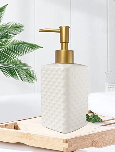 Chic Unique White Soap Dispenser for Bathroom with Golden Pump,Lotion Dispenser, Refillable Countertop Ceramic Hand Dispenser,Dish Dispenser for Kitchen 350ml(White Square Bottle) - color: White Square Bottle