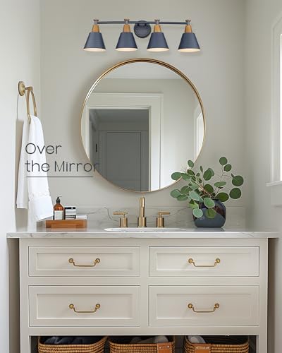 FEMILA 4-Light Bathroom Light Fixtures, Farmhouse Modern Vanity Lights Wall Lamp with Hammered Metal Shade Finish, Dark Blue, 4FG59B-4W Blue - color: Navy Blue, size: 30"
