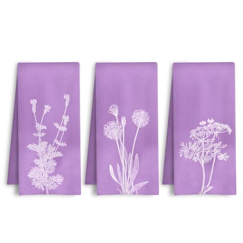 Purple Floral Kitchen Towels, Lavender Dandelion Herb Botanical Dish Tea Towels, Rustic Minimalist Wildflower Decorative Hand Towel for Kitchen Bathroom, 16x24 Inch Set of 3 - color: Purple Floral