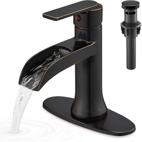 Waterfall Bathroom Sink Faucet Oil Rubbed Bronze, Brass Single Handle Bathroom Faucet 1 Hole or 3 Hole (4 Inch), Modern Bathroom Vanity Faucets with Pop Up Drain & Deck Plate for Rv Farmhouse - color: Oil Rubbed Bronze - Farmhouse