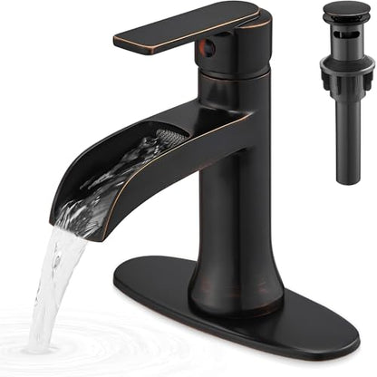 Waterfall Bathroom Sink Faucet Oil Rubbed Bronze, Brass Single Handle Bathroom Faucet 1 Hole or 3 Hole (4 Inch), Modern Bathroom Vanity Faucets with Pop Up Drain & Deck Plate for Rv Farmhouse - color: Oil Rubbed Bronze - Farmhouse