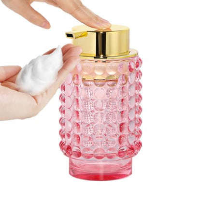 Glass Foaming Soap Dispenser, Pink Foam Hand Soap Dispenser, Bathroom 12 Oz Large Bottle with Gold Pump, Refillable Lotion Pump Container for Bathroom, Kitchen,Hand Soap, Dish Soap, Shampoo - color: Pink