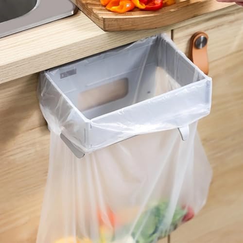 Foldable Wall-Mounted Trash Rack – No Drill Collapsible Hanging Garbage Bag for Cabinet Doors Table Sides Kitchen Bathroom Office ﻿ (Grey) - color: Grey
