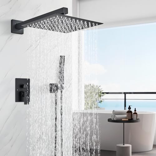 Shower Faucet 10 Inches Matte Black Shower System with Rainfall Shower Head and Handheld Spray Bathroom Luxury Rain Shower Faucet Set Complete Wall Mounted - color: Matte Black, size: Matte Black-10"