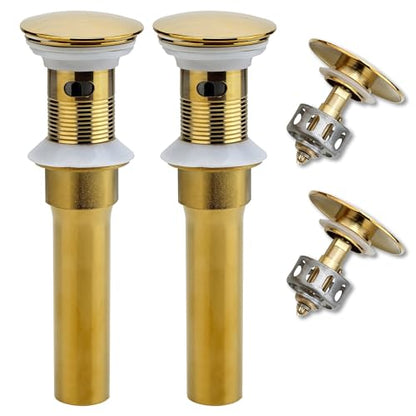 Rockgoya Bathroom Sink Drain, 2 Pack Gold Drain Stopper Bathroom Sink with Overflow, Pop Up Drain Assembly with Detachable Strainer Basket, Built-in Anti-Clogging Strainer,Stainless Steel - color: Gold-2 Pack, style: With Overflow