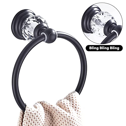 WINCASE Crystal Towel Ring, Black Hand Towel Holder, Bathroom Round Towel Hanger Racks Wall Mount Matte Black - color: Black