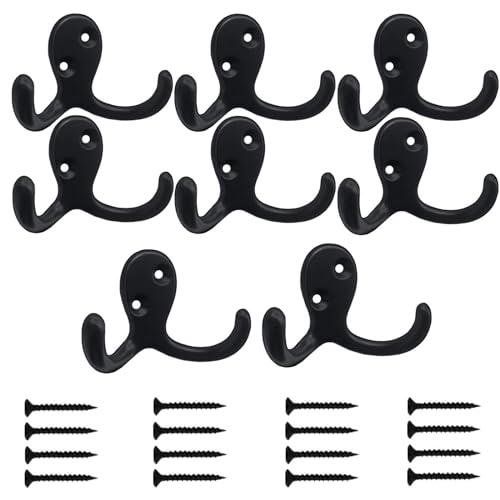 Kruodop 8 Pack Wall Hooks Wall Mounted Coat Hooks for Hanging Heavy Duty, Black Towel Hooks, Metal Double Coat Hanger with Screws Cup Retro for Coats, Handbags, Towels, Hat - color: black8pcs