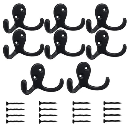Kruodop 8 Pack Wall Hooks Wall Mounted Coat Hooks for Hanging Heavy Duty, Black Towel Hooks, Metal Double Coat Hanger with Screws Cup Retro for Coats, Handbags, Towels, Hat - color: black8pcs