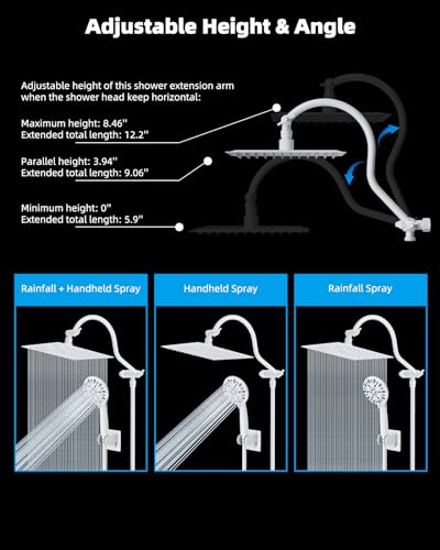 Hibbent All Metal High Pressure Rainfall 10'' Shower Head, Handheld Showerhead Combo, 12'' Adjustable Shower Extension Arm, 7-Spray, 71'' Hose, Adhesive Showerhead Holder, White - color: White, style: Square 10''