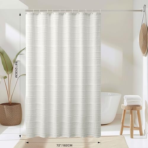 Extra Long Farmhouse White Shower Curtain Boho, 72 x 84 Cotton Blend Tufted Weave Waffle Stripe Textured Heavy Duty, Fabric Shower Curtain for Bathroom, Hotel - color: White B, size: 72"W x 84"L (Pack of 1)