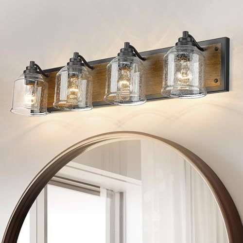 32" 4-Light Farmhouse Bathroom Vanity Light with Bubble Glass, Brown | Farmhouse Rustic style, Metal base with hand-painted wood grain, E26 Ceramic Base, UL&ETL Listed, mount up/down, over mirror - color: Brown, size: 4-Light