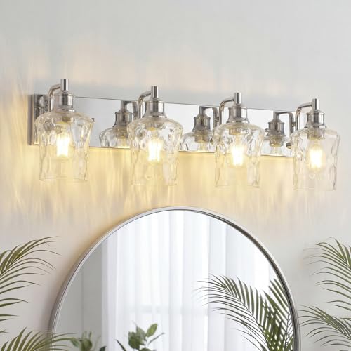 Bathroom Light Fixtures Farmhouse Chrome Vanity Lights for Bathroom Lighting Fixtures Over Mirror with Hammered Glass Lampshade for Cabinet Mirror Bedroom Hallway 4 Light - color: Chrome, size: 4 Lights