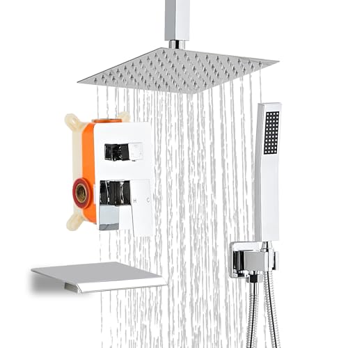 10 Inch Shower Faucet Set, Ceiling Mounted Rainfall Shower System with High Pressure Handheld Shower Head, Bathroom Mixer Rough-in Valve and Trim Shower Kit, Polished Chrome, with Tub Spout - color: Sliver, style: 10 Inch
