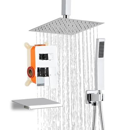 10 Inch Shower Faucet Set, Ceiling Mounted Rainfall Shower System with High Pressure Handheld Shower Head, Bathroom Mixer Rough-in Valve and Trim Shower Kit, Polished Chrome, with Tub Spout - color: Sliver, style: 10 Inch