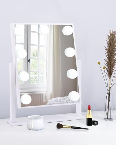 BWLLNI Lighted Makeup Mirror, White Vanity Mirror with Lights,9 LED Bulbs | Hollywood Mirror Touch Control Design 3 Colors Dimable LED Bulbs, Detachable 10X Magnification, 360°Rotation,12" L x 14" W - color: White, size: 14.1"L x 2.6"W