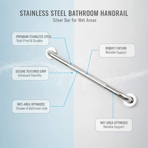 Stainless Steel Bathroom Grab Bar, Silver Textured Grip Handrail for Shower and Bathtub, Durable Wall Mount Rail - size: 12.99 x 0.98 x 2.95 in