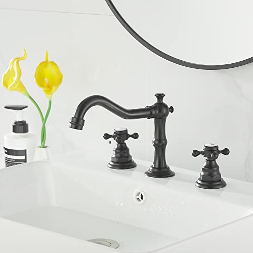 Matte Black Bathroom Faucet 2 Handles 3 Holes Faucet 8 inch Widespread Bathroom Sink Faucet Tap Mixer Supply Hose Included Matching Metal Pop Up Drain - color: Black, style: Ceramic Cover