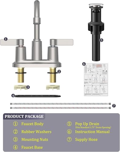 2 Pack Brushed Nickel 4 Inch Centerset Bathroom Sink Faucet 3 Hole | Faucet for Bath Sink with Pop Up Drain and 2 Supply Hoses 2 Handle Bathroom Faucets for Sink Vanity RV Evolvegoods - color: Brushed Nickel-2 Pack