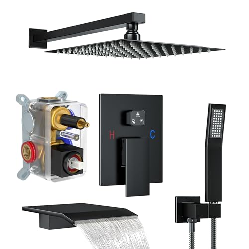 Shower System with 10-Inch Rain Head and Tub Spout | All-Metal Tub Shower Faucet Set, Wall Mounted Rain Showerhead, Handheld Spray, Includes Valve and Trim Kit, Matte Black - color: Matte Black, style: 10"-With Tub Spout