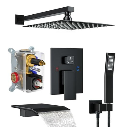 Shower System with 10-Inch Rain Head and Tub Spout | All-Metal Tub Shower Faucet Set, Wall Mounted Rain Showerhead, Handheld Spray, Includes Valve and Trim Kit, Matte Black - color: Matte Black, style: 10"-With Tub Spout