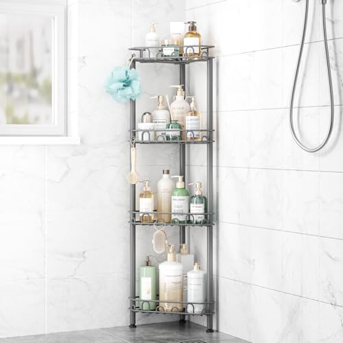 SWTYMIKI Standing Shower Caddy Corner - 4‑Tier Stainless Steel Shower Organizer Shelf with 12 Hooks and Adhesive Pads, Rustproof Corner Shelves Stand Rack for Bathroom Shower Room, Gray - color: Grey-4‑Tier
