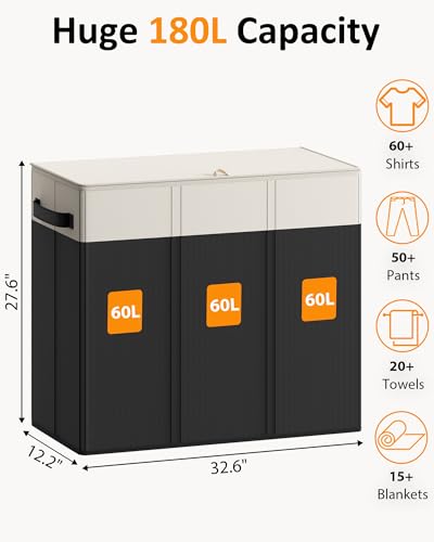 Optish 180L Laundry Hamper 3 Section, Large Laundry Hamper with Lid, Dirty Clothes Hampers with 3 Inner Bags, Laundry Basket Organizer for Bedroom, Bathroom, Hamper 3 Compartment, White & Black - color: White & Black