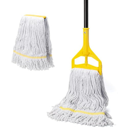 Commercial Mop with 2 Large Replacement Heads,Heavy Duty Industrial Mops | 59" Long Handle,for Floor Cleaning,Looped-End String Wet Cotton Mop for Home,Kitchen,Office,Garage,Concrete/Tile Floor - size: 1 Large Industrial Mop with 2 Mop Heads