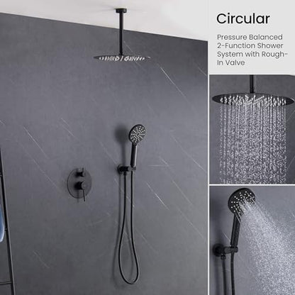 Circular Ceiling Mounted Shower System with 2-Function Faucet Set | Solid Brass Pressure Balanced Valve | Anti-Scald Design for Reliable Water Temperature Control (Matte Black Finish, KSF408) - color: Matte Black