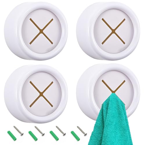 4 Pcs Kitchen Towel Hooks Round Adhesive Dish Towel Hook Premium Chrome Finish & Easy Installation Wall Mount Hand Towel Hook (White)