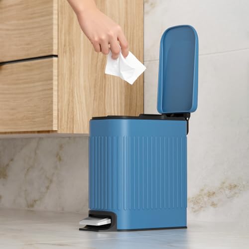 TrashAid Slim Bathroom Trash Can with Lid Soft Close & Pedal, 1.6Gal, Blue | Removable Inner Bucket, Stainless Steel Garbage Can, Small Wastebasket for Toilet/Office/Bedroom, Retro Design, Odor Control - color: Blue