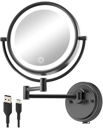 10" Large Brass Wall Mounted Lighted Makeup Mirror with 5X Magnification | 3 Color Touch Dimmable, 2-Sided Bathroom Vanity Extended Swing Arm 360 Rotation, Memory Function, Rechargeable, Matt Black - color: Matte Black