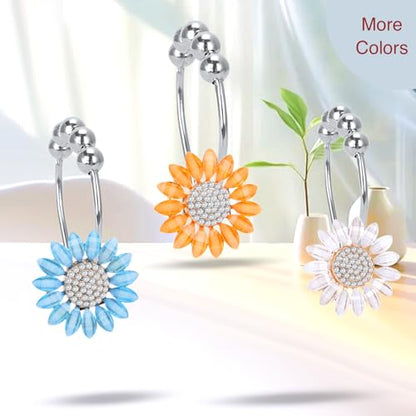 Decorative Sunflower Shower Curtain Hooks,Set of 12,Crystal Rhinestone Center,White Petals,Roller Ball,Stainless Steel,Flower Decor,Rustproof,Shower Rings,Easy Install,for Bathroom Decor