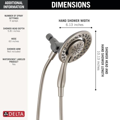 Delta 4-Setting In2ition 2-in-1 Dual Shower Head with HandHeld Spray, Brushed Nickel Detachable Shower Head with Hose, Showerhead, 1.75 GPM Flow Rate, SpotShield Nickel 75486CSN - color: Spotshield Brushed Nickel