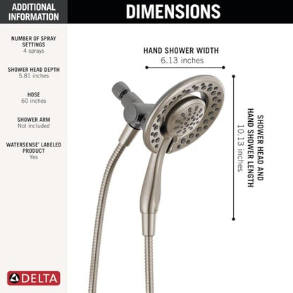 Delta 4-Setting In2ition 2-in-1 Dual Shower Head with HandHeld Spray, Brushed Nickel Detachable Shower Head with Hose, Showerhead, 1.75 GPM Flow Rate, SpotShield Nickel 75486CSN - color: Spotshield Brushed Nickel