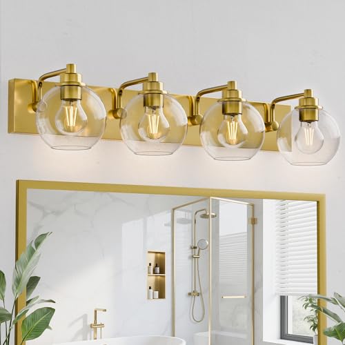 4 Light Bathroom Light Fixtures-Brushed Gold Bathroom Vanity Lights, Modern Vanity Lights 4-Light Bathroom Lighting Fixtures Over Mirror with Clear Glass Globe Shade - color: Gold, size: 4-Light
