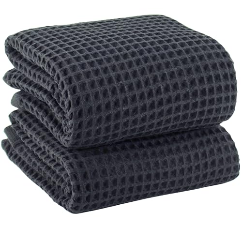 PÜSKÜL 2-Piece Natural 100% Turkish Cotton Waffle Bath Towels Extra-Large | Dark Gray, 32x63" Bath Sheet Towel, Light Soft Absorbent Quick-Dry Lint-Free Premium Honeycomb Weave Oeko-Tex Made in Turkiye - color: Anthracite Dark Gray, size: Bath Towels - Pa