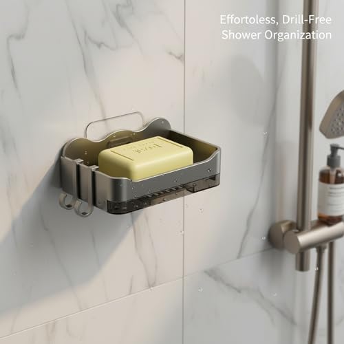 Suction Cup Soap Dish, Double Layer Wall Mount Holder for Shower & Sink, No Drill PP Plastic Drainage Tray (1 Pack) - color: Metallic