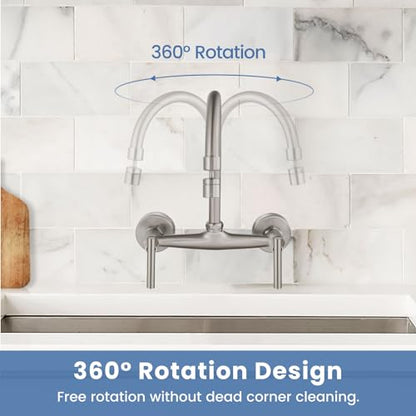 Airuida 8 Inch Center Wall Mounted Kitchen Sink Faucet | 360° Degree Swivel Spout,Double Handle,Wall Mount Utility Sink Faucet - color: Brushed Nickel