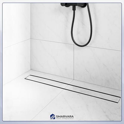 Linear Shower Drain 24 inch Matte Black with 2-in-1 Flat & Tile Insert Cover - 304 Stainless Steel Shower Floor Drain - Linear Drain with Reversible Cover & Hair Catcher - Includes Cleaning Tools - color: Matte Black