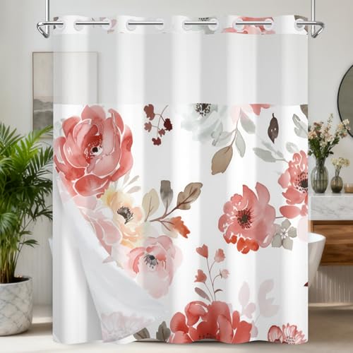 No Hook Shower Curtains, Fabric Shower Curtain Liner with Weighted Bottom, Polyester Fabric Pink Watercolor Floral Shower Curtain, Light-Transmitting Window, 71x74 Inches - color: Watercolor Pink Floral