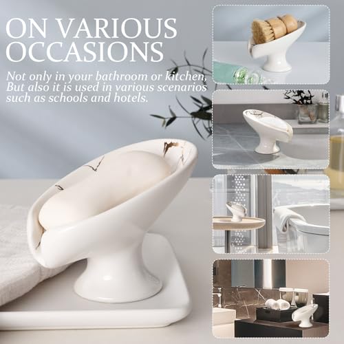 Soap Dish, Soap Holder Self Draining Leaf Shape Soap Dishes, Ceramic Drain Soap Dish for Sink Bathroom Shower Kitchen, Easy to Clean Keeps Soap Dry, Cream White & Gold Marble Pattern, ANTIS'S HOME - color: 1pcs-marble White